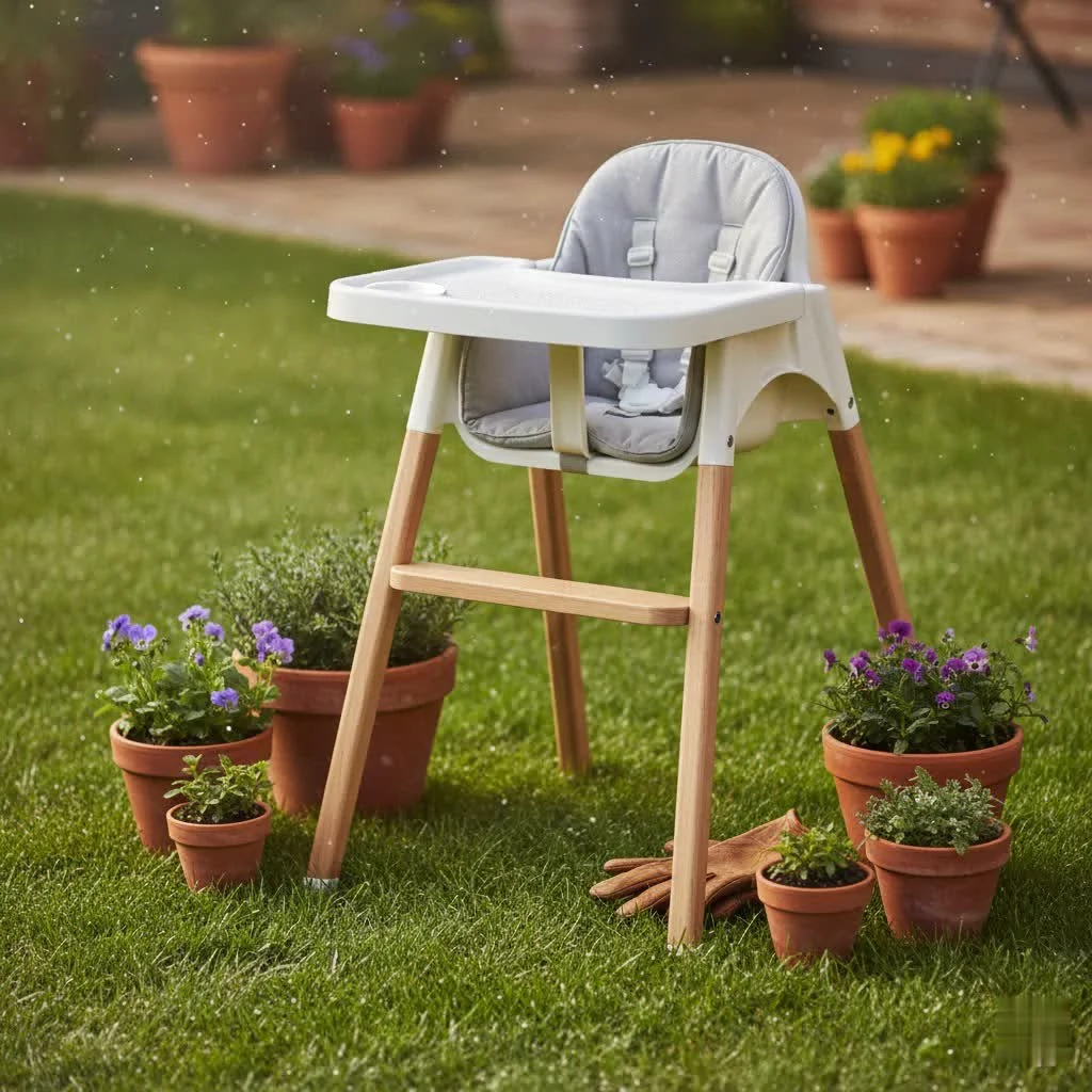 Toddler sitting in a high chair booster seat at a dining table